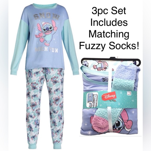 Disney Womens 3pc Stitch Lounge Pajama Top & Pants w/ Socks Set Size Medium 8-10 - Picture 1 of 7